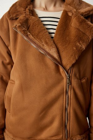 Женское светло-коричневое пальто из меха нубука RV00155
