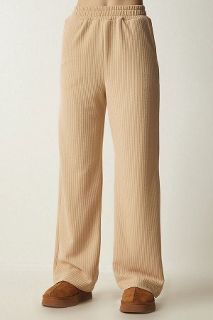 Женский комплект из трикотажной блузки и брюк кремового цвета в рубчик EW00004