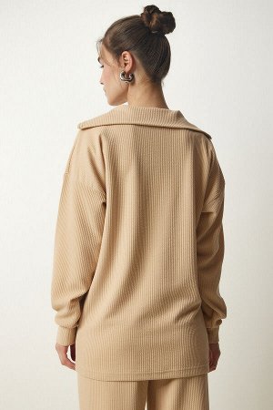 Женский комплект из трикотажной блузки и брюк кремового цвета в рубчик EW00004
