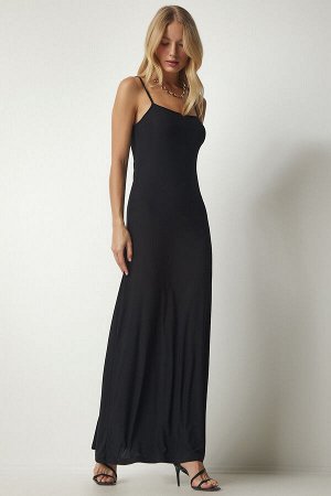 Женское черное длинное платье песочного цвета на бретелях TO00093