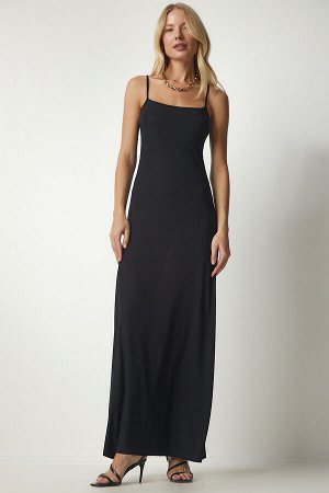 Женское черное длинное платье песочного цвета на бретелях TO00093