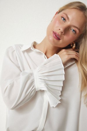 Женская плиссированная тканая рубашка с объемными рукавами цвета экрю TO00095