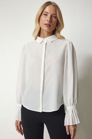 Женская плиссированная тканая рубашка с объемными рукавами цвета экрю TO00095