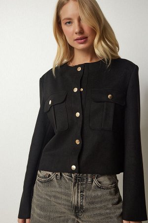 Женская черная стильная тканая куртка на кнопке TO00098