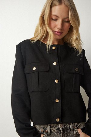 Женская черная стильная тканая куртка на кнопке TO00098