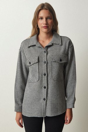 Женская черно-белая приталенная куртка-рубашка в тонкую полоску DD01274