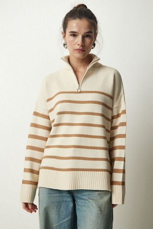 Женский кремовый бисквитный вязаный свитер в полоску с воротником на молнии PF00045