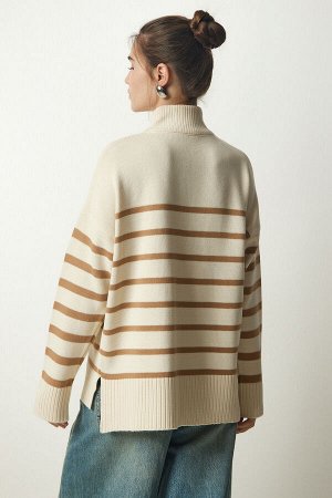 Женский кремовый бисквитный вязаный свитер в полоску с воротником на молнии PF00045