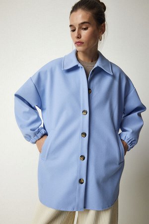 Женская небесно-голубая куртка-рубашка оверсайз с карманами и пуговицами DD01263