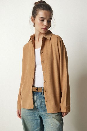 Женская вельветовая куртка-рубашка бисквитного цвета BH00422