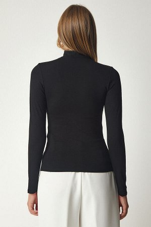 Женская черная эластичная трикотажная блузка Saran с высоким воротником UB00200