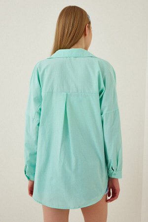 Женская длинная базовая рубашка оверсайз мятно-зеленого цвета DD00842