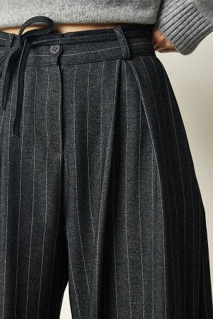 Женские темно-серые свободные брюки палаццо в тонкую полоску FN03147