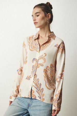 Женская рубашка из вискозной ткани кремового оранжевого цвета с рисунком BH00421