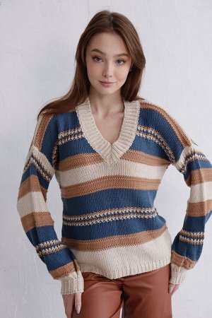 Пуловер с полосами бежево-синий