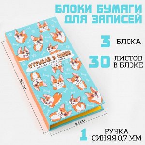 Блок бумаг для записей 3 блока по 30 листов, стикеры, ручка шариковая синяя 0.7 мм «Для тех, укого лапки»