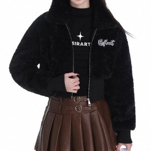 Женская укороченная куртка из шерпы, с отложенным воротником, с вышитым принтом, черный