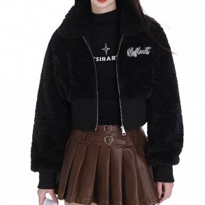 Женская укороченная куртка из шерпы, с отложенным воротником, с вышитым принтом, черный
