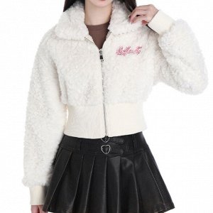 Женская укороченная куртка из шерпы, с отложенным воротником, с вышитым принтом, белый