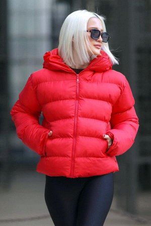 Красное женское пальто-пуховик с капюшоном MG1953