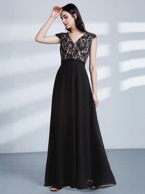 Черное вечернее шифоновое платье с кружевным топом