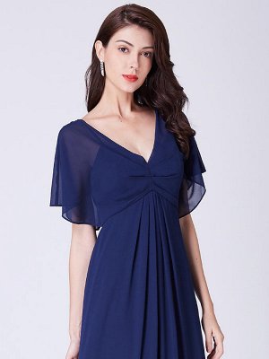 Длинное синее вечернее шифоновое платье с драпировкой и рукавами