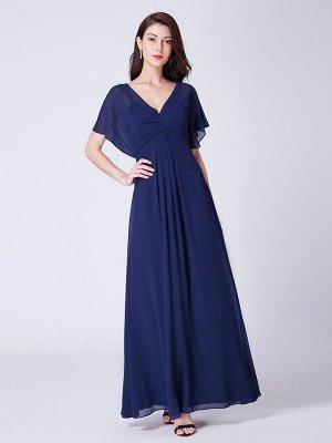 Длинное синее вечернее шифоновое платье с драпировкой и рукавами