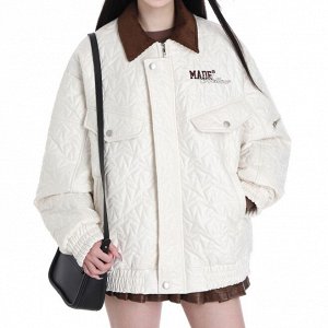 Женская осенне-весенняя стеганая куртка с отложенным воротником, с вышитым буквенным принтом, молочный