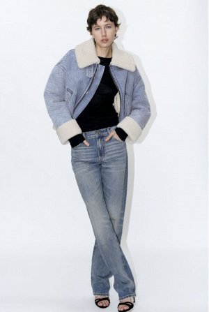 Куртка в байкерском стиле с искусственной овчиной, индиго | 3548/250