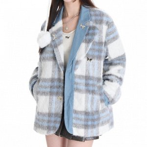 Шерстяная клетчатая куртка-пиджак, синий/серый/белый