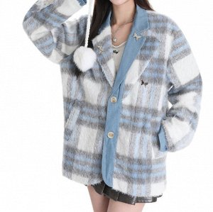 Шерстяная клетчатая куртка-пиджак, синий/серый/белый