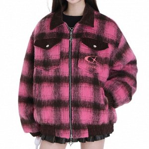 Демисезонная шерстяная куртка, с принтом в клетку, декорирована накладными карманами, розовый/коричневый