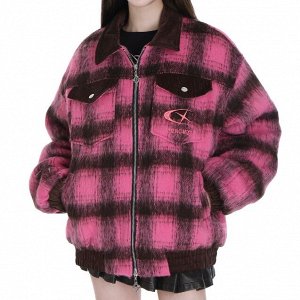 Демисезонная шерстяная куртка, с принтом в клетку, декорирована накладными карманами, розовый/коричневый