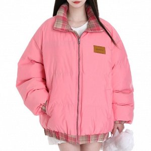 Женская утепленная двусторонняя куртка свободного кроя, с воротником-стойкой, с клетчатым принтом, красный/коричневый/розовый