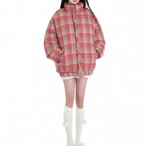 Женская утепленная двусторонняя куртка свободного кроя, с воротником-стойкой, с клетчатым принтом, красный/коричневый/розовый