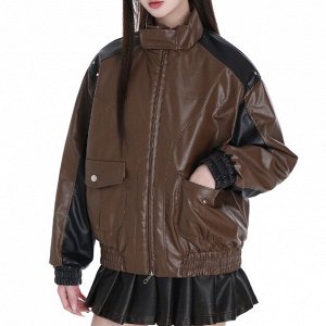 Кожаная куртка с воротником-стойкой и накладными карманами, коричневый/черный