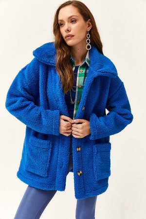Женская синяя плюшевая куртка большого размера на пуговицах и с карманами без подкладки CKT-19000328