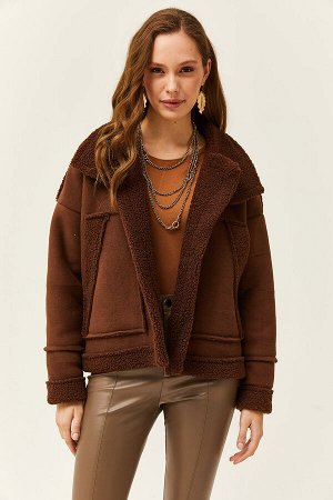 Женская толстая куртка горько-коричневого цвета с карманами и мехом внутри CKT-19000369