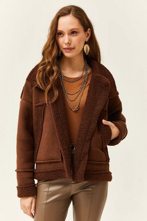 Женская толстая куртка горько-коричневого цвета с карманами и мехом внутри CKT-19000369