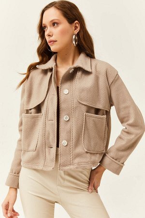 Женская флисовая куртка светло-коричневого цвета с карманами и пуговицами на плечах CKT-19000368