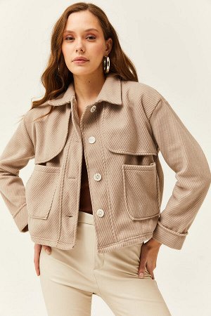 Женская флисовая куртка светло-коричневого цвета с карманами и пуговицами на плечах CKT-19000368