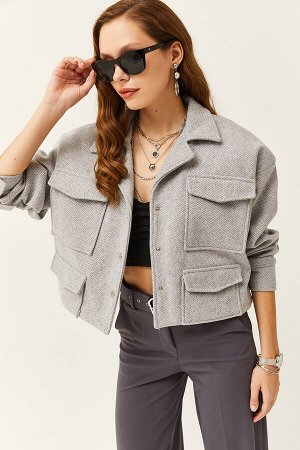 Женская серая укороченная куртка с 4 карманами на подкладке CKT-19000367