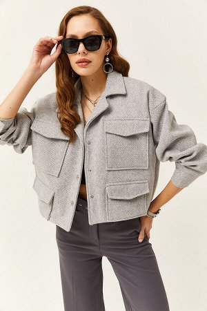 Женская серая укороченная куртка с 4 карманами на подкладке CKT-19000367