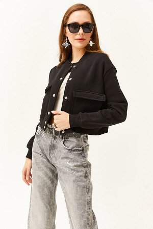 Женская черная флисовая укороченная куртка с карманами и застежкой на внутренней стороне CKT-19000365