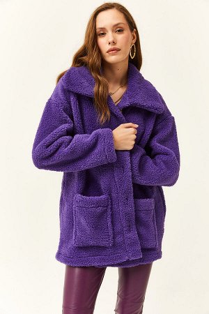 Женская плюшевая куртка большого размера без подкладки на пуговицах и карманах фиолетового цвета CKT-19000328