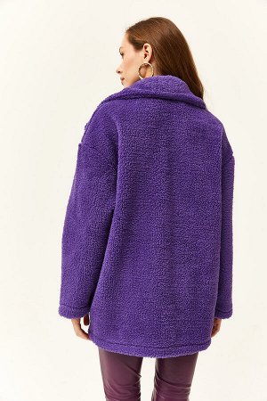 Женская плюшевая куртка большого размера без подкладки на пуговицах и карманах фиолетового цвета CKT-19000328