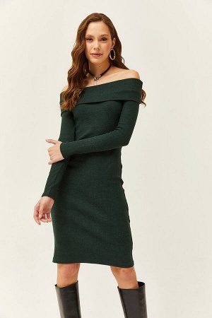 Женское изумрудно-зеленое платье из лайкры с воротником Мадонны ELB-19000753
