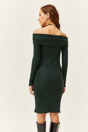 Женское изумрудно-зеленое платье из лайкры с воротником Мадонны ELB-19000753