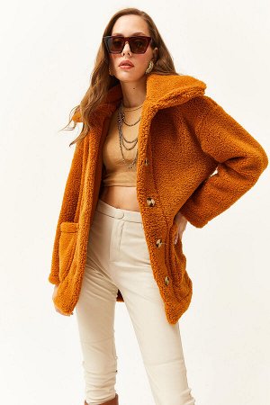 Женская коричневая плюшевая куртка большого размера на пуговицах и карманах без подкладки CKT-19000328