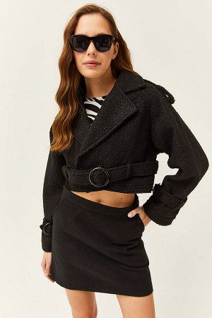 Женская укороченная куртка букле с черной подкладкой и поясом CKT-19000372